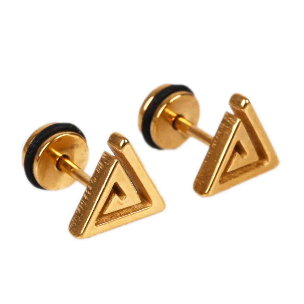 

1 Pair! Fine Jewelry Black Sliver Blue Gold Unisex Hypoallergenic Maze Triangle Shaped Titanium Steel Ear Stud Earring