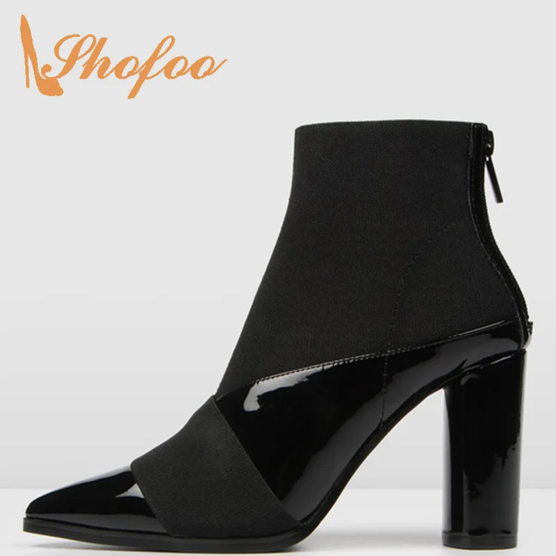 

Large Size 32 35 Synthetic Black Sock Ankle Boots Woman Pointed Toe High Round Heels Zipper Ladies Heeled Booties Shoes Mature