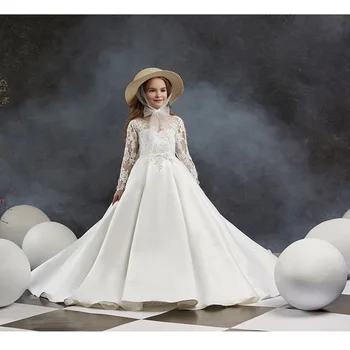 

Lace Long Sleeves Flower Girls Dresses Round Neck Lace Back with Bow A Line Girls Formal Dress with Buttons