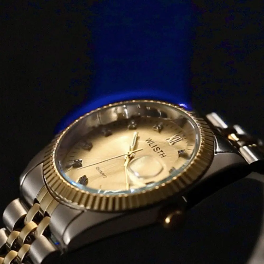 Reloj de pulsera de cuarzo para hombre y mujer, cronógrafo de lujo de oro, LadyLover, de acero inoxidable, resistente al agua, con fecha automática analógica - Imagen 4