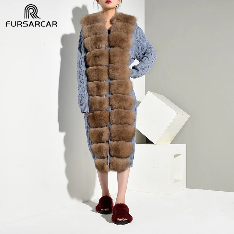 

FURSARCAR Fashion Women Blue Wool Sweater Real Fur Coat With Fox Collar Wool To Knit Natural Fox Fur Coat Winter Long Outerwear