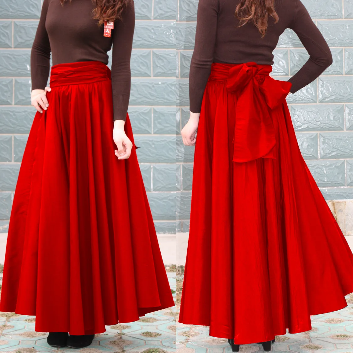 

Dk124 Europe And America Street Snap Celebrity Style Bow Big Hemline High-waisted Slimming-Style Long Skirts Skirt Pleated Skirt