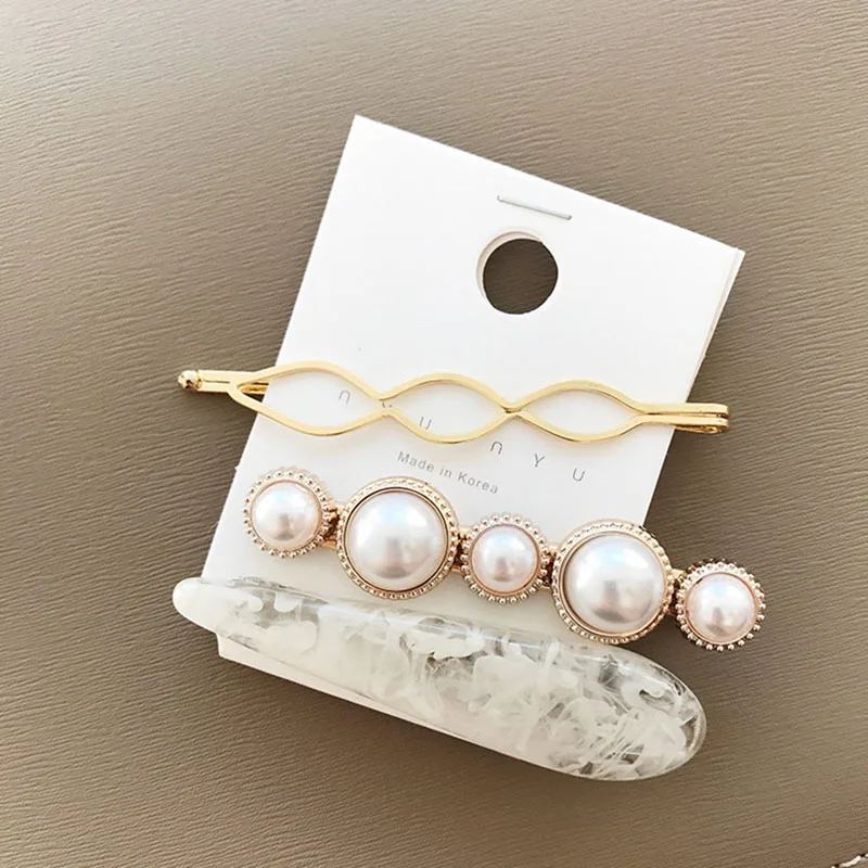 3pcs/set Korean Women Girls Metal Pearl Marble Hair Clip Combination Barrette Pearls Hairpin Hair Styling Accessories - Окраска металла: White marble clip