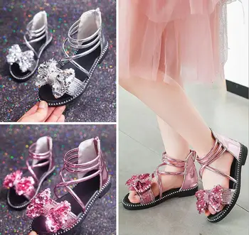 

Girls Sandals Summer Kids Shoes for Girls Fashion Rhinestone Roman Sandals Princess Sequins Shoes Baby Bowtie Beach Sandals