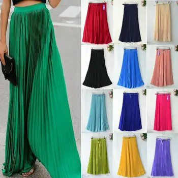 

Women Retro Chiffon Pleated Long Maxi Skirt Elastic High Waist Band Casual Skirt