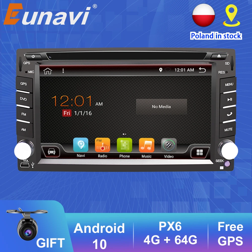 Eunavi 2 Din Android10 Universal Car Multimedia Player DVD Radio GPS Navigation Auto Touch Screen 4G 64GB DSP WIFI Audio BT5 USB