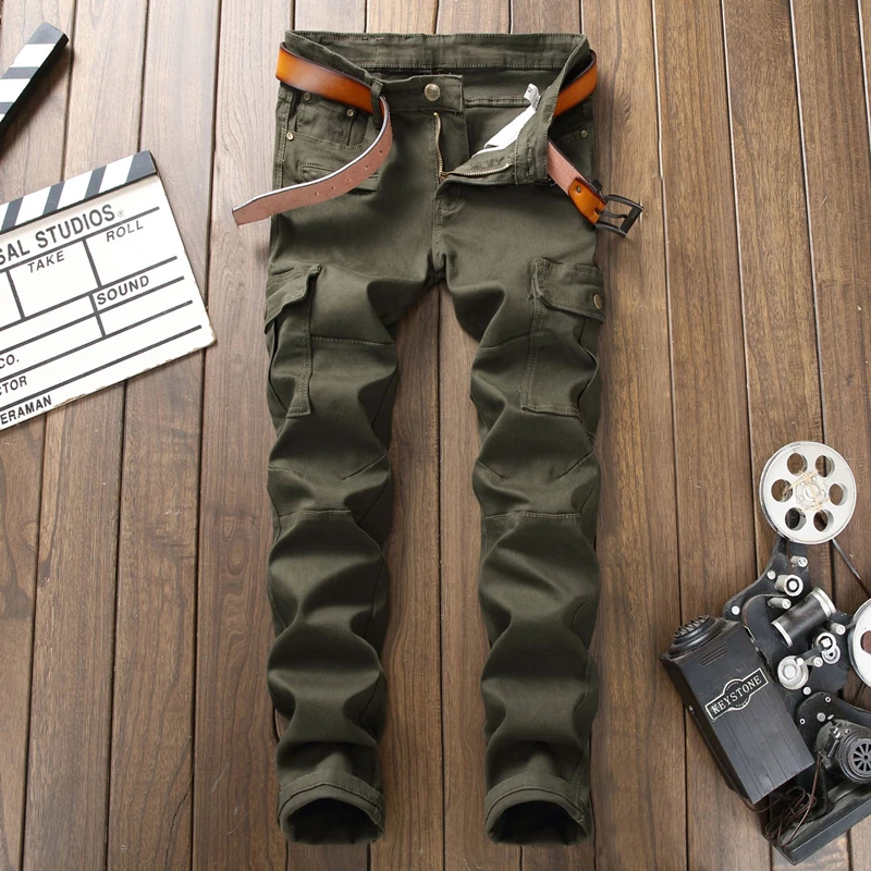 

Fashion Streetwear New Men's Jeans High-end Pocket Designer Army Green Pants Slim Fit Male Casual Hip Hop Elastic Denim Trousers