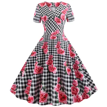 

Floral Plaid Print Short Sleeve Vintage Dress Women 2020 Casual V Neck Elegant Slim Office Party Vestidos Robe Femme Plus Size