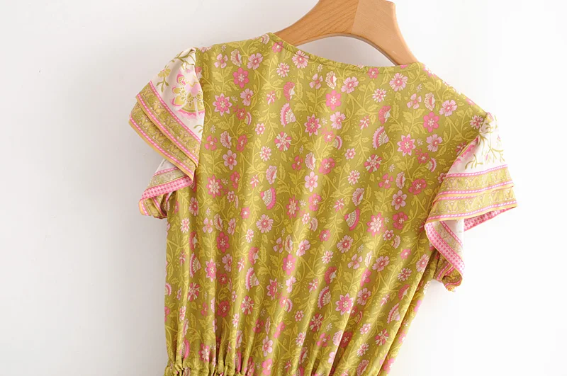 Звезда Светлячок Досуг Пляж сиамские широкие брюки женские Boho желтый цветочный принт короткий рукав комбинезон