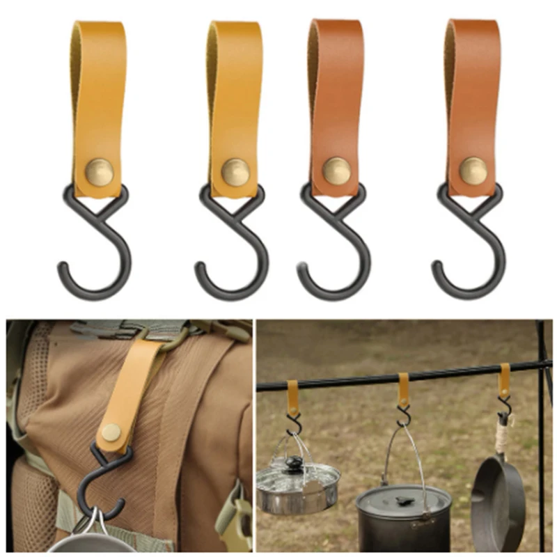Outdoor PU Leather Hook Camp Hiking Clothes Storage Portable Hanger Holder 