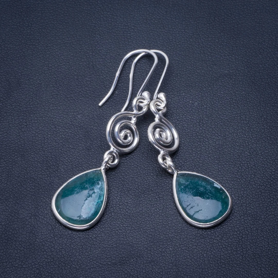 

Natural Prehnite Handmade Unique 925 Sterling Silver Earrings 2" B2003