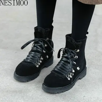 

NESIMOO 2021 Ankle Boots Square Heel Keep Warm Winter Snow Boots Cow Suede Lace Up Plush Round Toe Casual Women Shoes Size 34-41