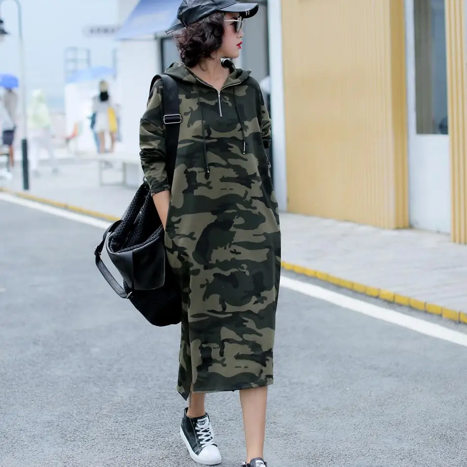 Green camouflage Осенняя Новая женская зеленая камуфляжная длинная куртка выше колена с принтом женская мода плюс размер пальто с капюшоном - Цвет: Green camouflage
