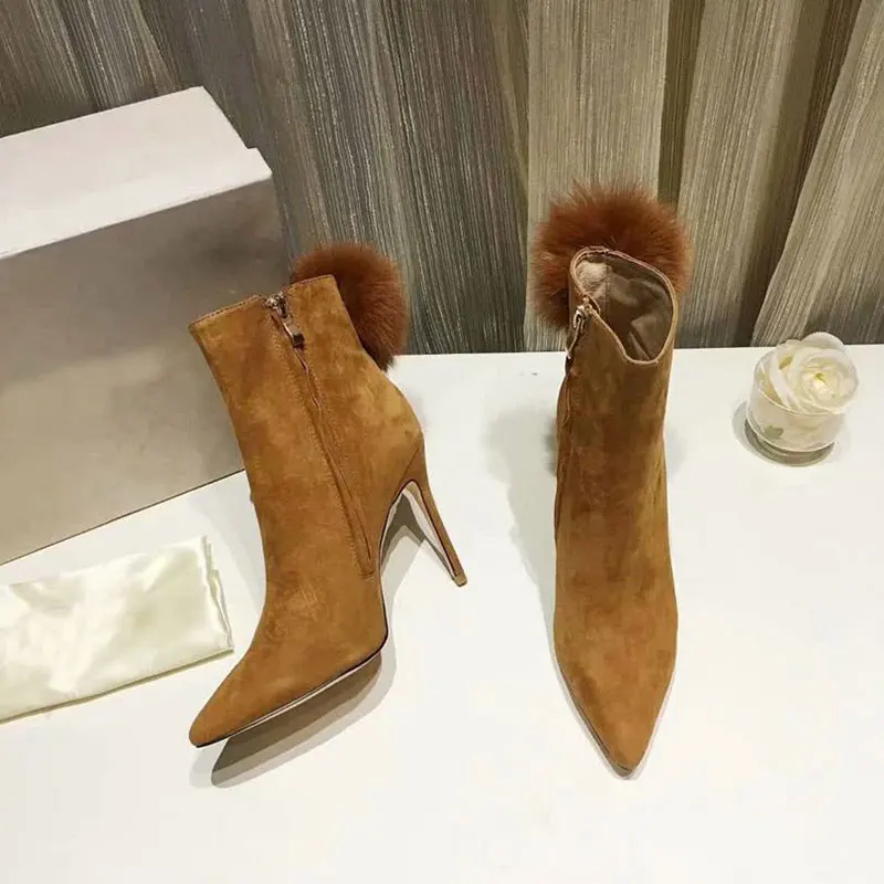 New Fashion Luxury Boots Women Designers Kid Suede Zip Pointed Toe Thin Heels Super High(8cm-up) Ankle Women Boots