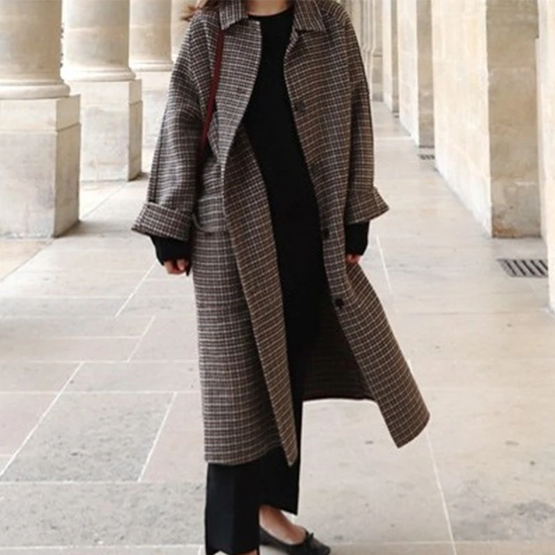 Новинка, шерстяное пальто с гусиными лапами, женское Модное Длинное винтажное теплое плотное элегантное женское пальто больших размеров, осенне-зимнее cc1075