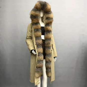 

2019 natural fox fur coat Silver Fox collar plus size long winter Jacket Rex rabbit liner red fox hooded thick warm parks Disass