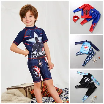 

Swimwear Children Boy Swimsuit Two Piece Bathing Suits Swimming Suit Long Sleeve Cartoon Kids Beach Red Blue Surfing Wear