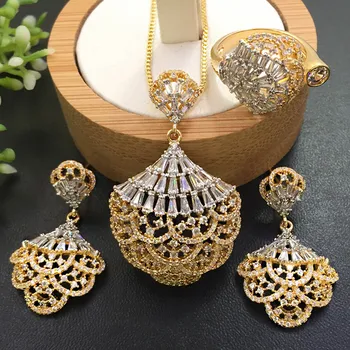 

zlxgirl Russian fashion design Graceful Skirt Hem Circle Micro Plated Necklace with Earrings and Ring for Engagement couple gift