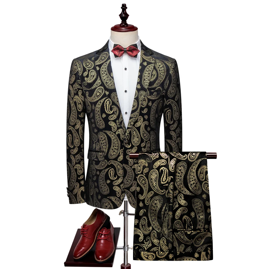 Черного и золотого цвета мужские свадебные костюмы из 2 предметов мужской свадебный костюм с модным принтом 4XL 5XL Slim Fit винтажный костюм мужской Q638
