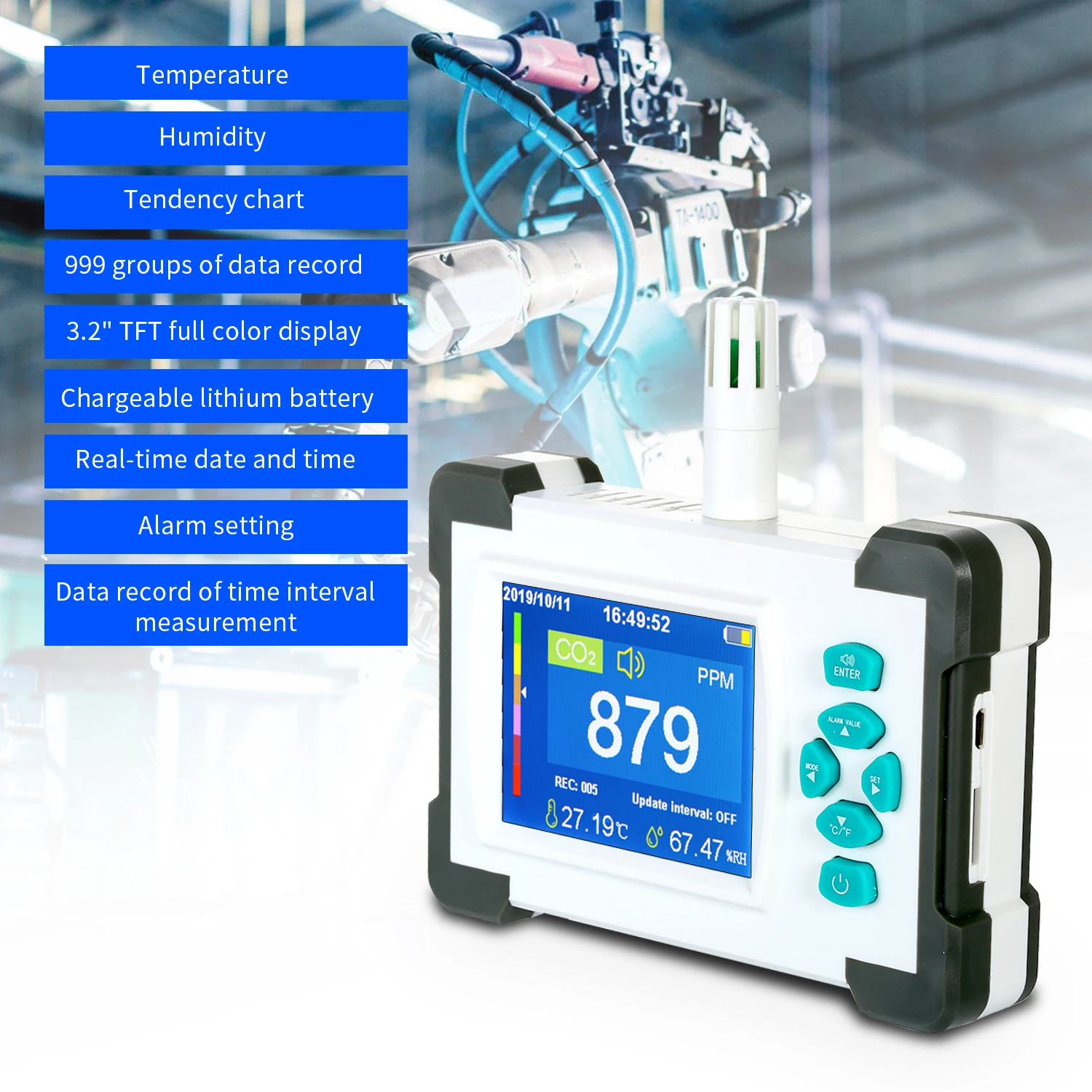 

Carbon Dioxide Detector Portable CO2 Meter Tester for Carbon Dioxide Air Quality Detector CO2 Meter Monitor Rechargeable Battery