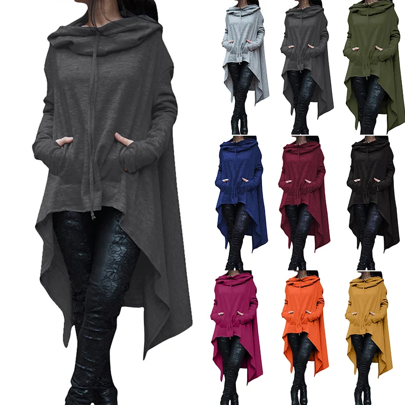  Women Hoodies Autumn Faith Causal Loose Solid Irregular Cloak Pullovers Fashion Pocket Drawstring C