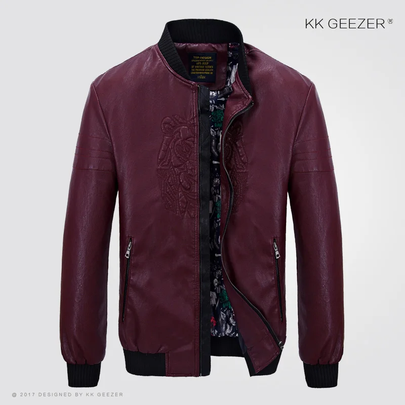 K5501 Deep red Кожаная куртка мужская куртка-бомбер мотоциклетная зимняя куртка коричневого цвета со стоячим воротником Осенняя Удобная высококачественная черная деловая куртка 4XL - Цвет: K5501 Deep red