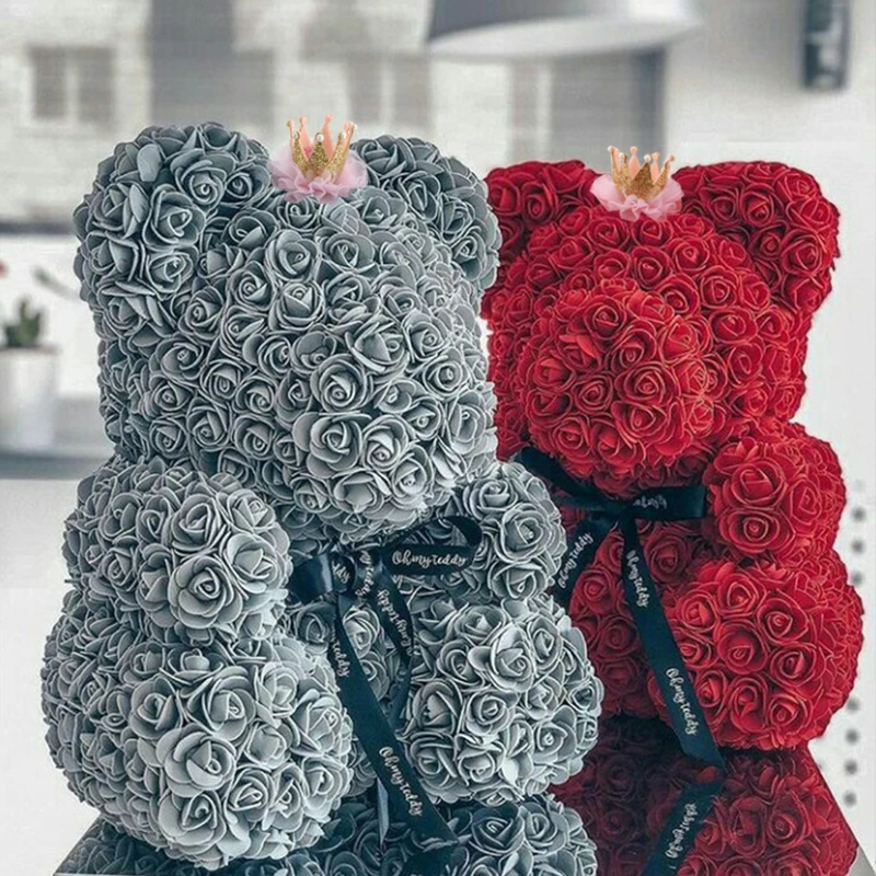 

2020 Hot Sale 40cm Teddy Bear with Crown in Gift Box Bear of Roses Artificial Flower New Year Gifts for Women Valentines Gift