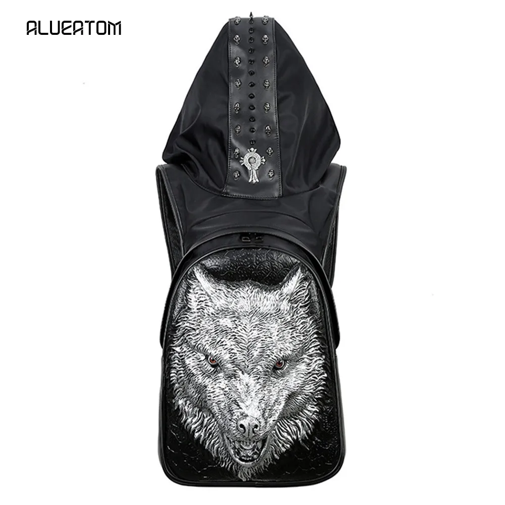 

Fashion Personality Wolf head Embossing knife leather backpack rivets backpack with Hood cap apparel bag cross bags hiphop man
