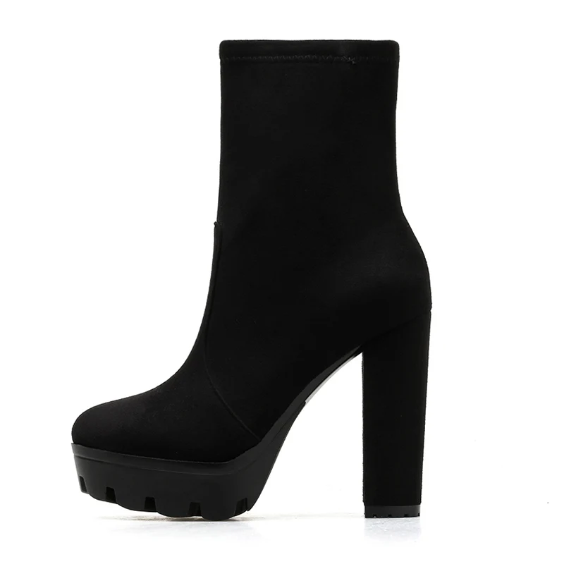 Большие размеры, женские замшевые леопардовые ботинки на высоком каблуке 12,5 см, носки фетиш, ботильоны, вечерние ботинки на блочном каблуке, осенне-зимняя обувь на платформе - Цвет: Leather