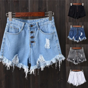

Sexy Tassel Denim Shorts Women Plus Size 6XL Ripped Holes Short Pants High Waist Button Shorts Streetwear Oversize 2020 Hot Sale