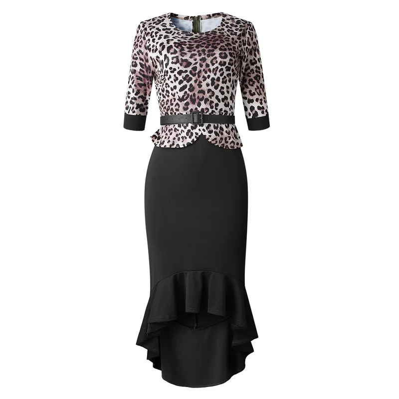 cheetah print patchwork peplum ruffle hem asymmetrical dress tenue africaine femme Plus size 5xl red black purple party frocks