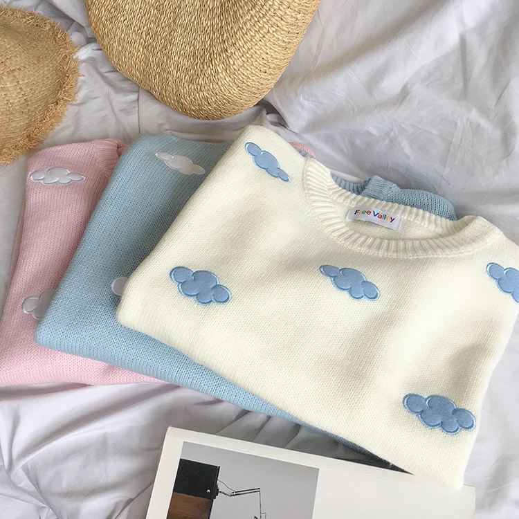 cute Clouds Korean style 2021 Women's Sweater Kawaii Loose Thick Harajuku Clothing For Women long sleeve vintage knitted sweater