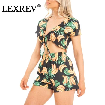 

Women Set Clothes Banana Floral Print Two Piece Set Sexy Crop Top Shorts Set Holiday Beach Matching Set