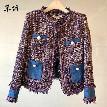 

New Small Fragrance Overcoat Autumn Winter Tweed Patchwork Tassel Coat Vintage Women Weave Fringe Retro Jacket Coat