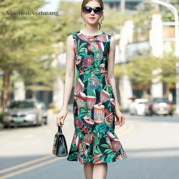 

Xiaomoli Elegant lady style retro printing slim fit fish tail dress sleeveless 2020 summer new women's fashion
