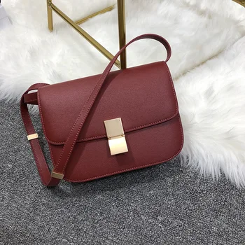 

Leather Handbag Diagonal Package 2020 New Coral Red Hand Rub Grain Cowhide Tofu Bag Toothpick Pattern Shoulder Bag