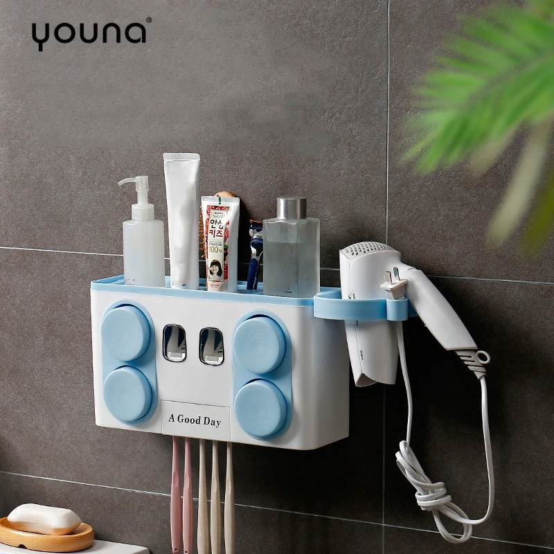 

Bathroom Set Accessories Toothbrush Holder Automatic Toothpaste Dispenser Suction Cup Wall Mount Bathroom Storage Boxes