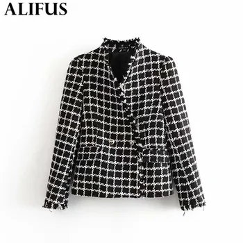 

Fashion Za Women Coats 2019 Houndstooth Double Breasted Blazer Coat Long Sleeve V-neck Loose Warm Jacket Female Ladies