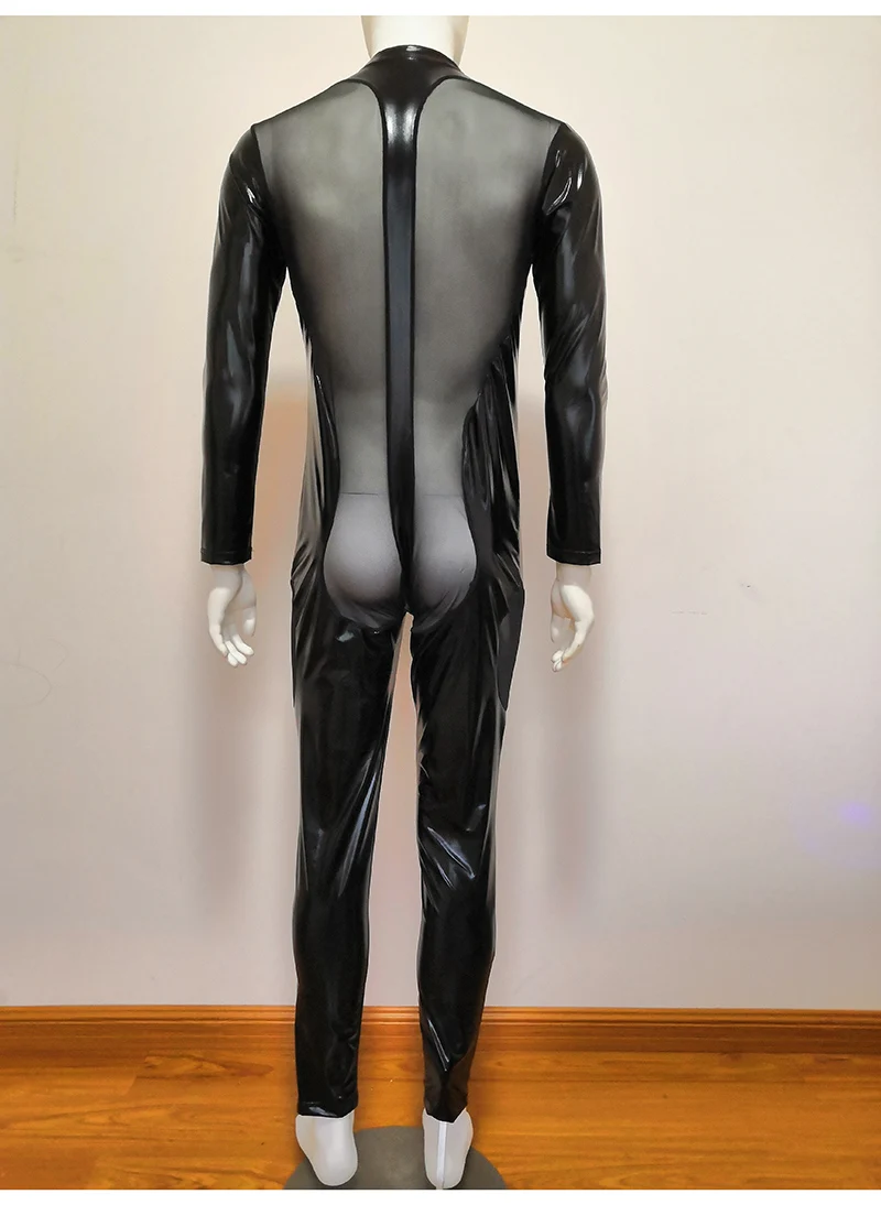 Men Sexy wetlook Lingerie Latex Catsuit Faux Leather Front Zipper Open Crotch Bodysuit Fetish Costume Erotic Body Suit
