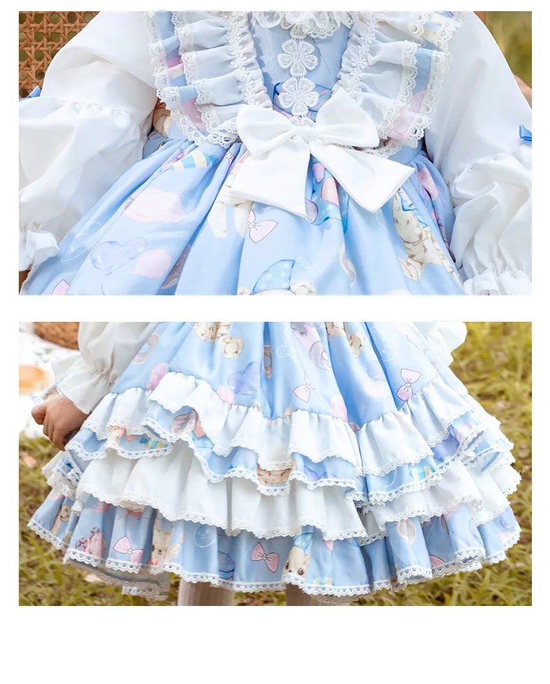 Sweet Cute Kid Princess Dress Exquisite Print Bear Loli Lolita Dress Soft Cotton Girl Halloween Carnival Stage Performance Suit