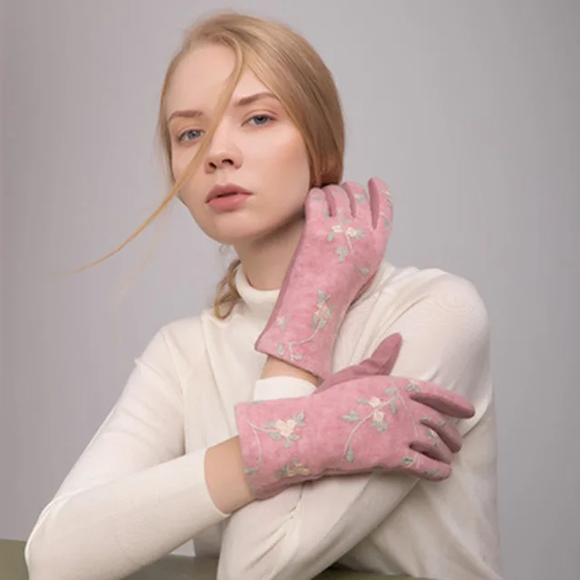Зимние женские перчатки с сенсорным экраном, женские теплые кашемировые тонкие шерстяные перчатки, вязаные перчатки с цветочной вышивкой для вождения E84 - Цвет: E41 Pink