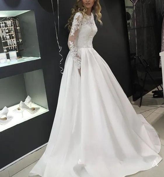 Элегантное свадебное платье с длинным рукавом es robe de mariee, атласное свадебное платье трапециевидной формы, аппликация, кружева, иллюзия ручной работы, свадебные платья