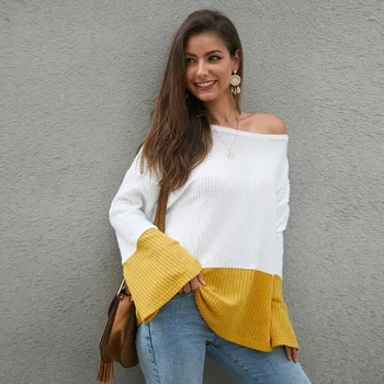 

Casual Patchwork Women Sweater Color Matching Round Neck Knitting Bell Long Sleeve Winter Autumn Sweater Loose Tops