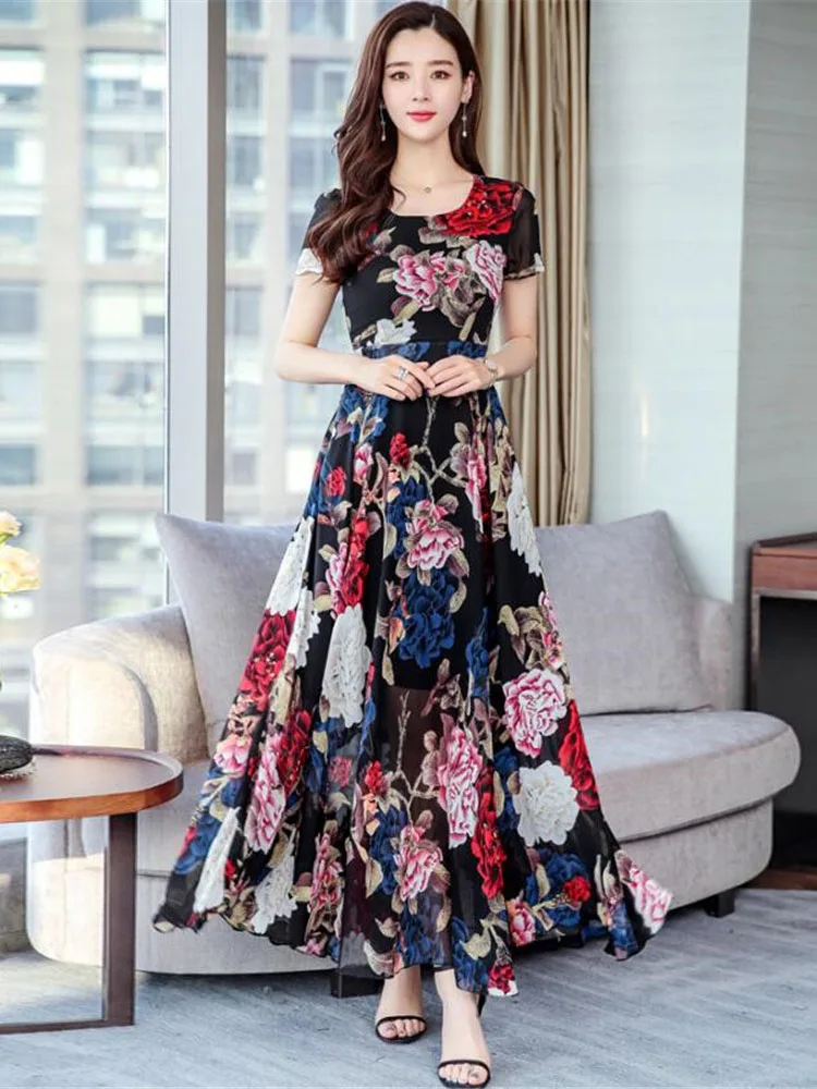 

High quality 2019 New Arrival Plus Size M-3XL Elegant Round Collar Short Sleeve Flower Printed Woman Long Chiffon Dress E486