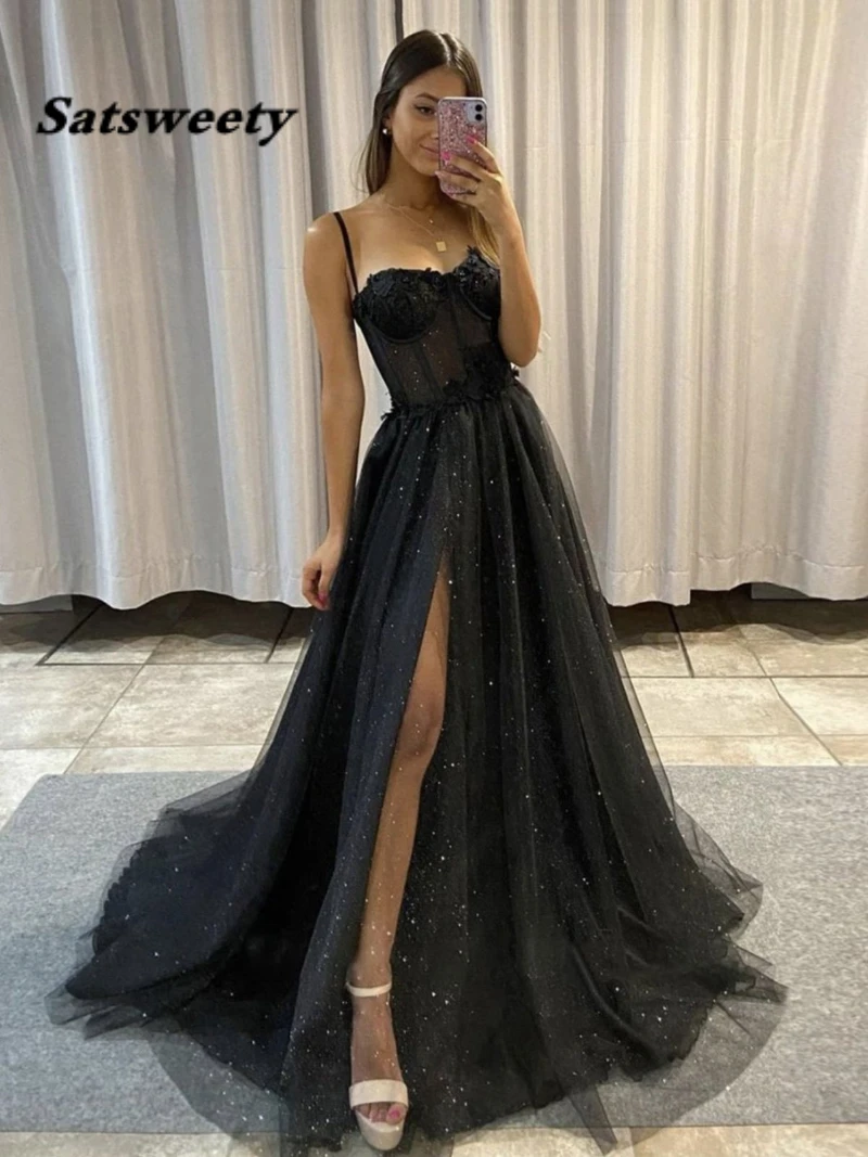 Black Glitter A Line Tulle Prom Dresses 