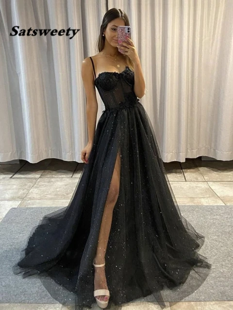 Satsweety Preto Glitter Linha A Tule Vestidos de Baile Alças de Espaguete Sweetheart Bones Fenda Lateral