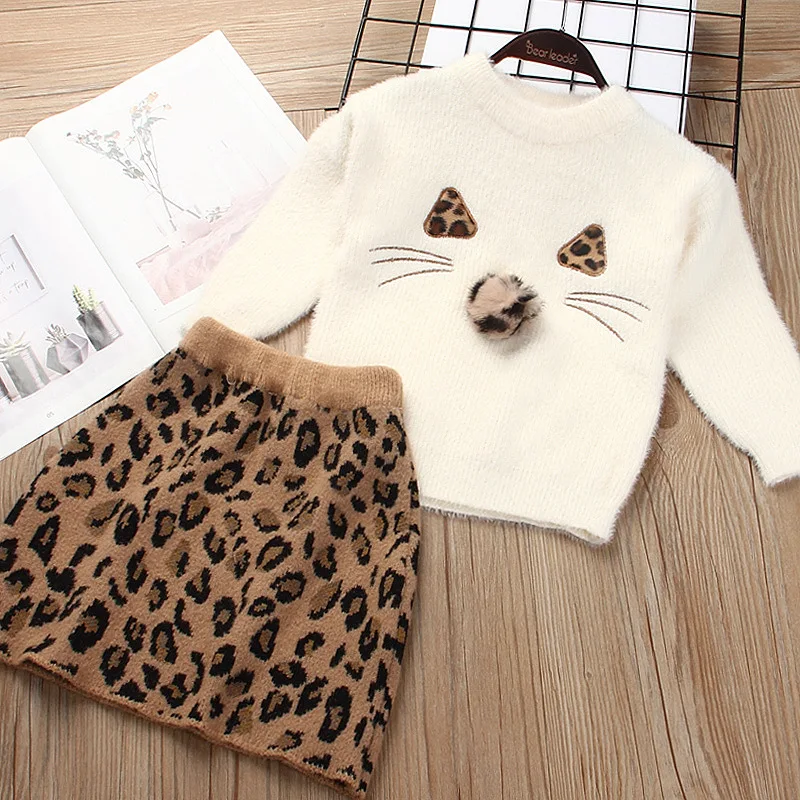 

2019 Autumn Infants Children Shirt Set Baby Girls Western Style Mink Cashmere Leopord Pattern Sweater Dress Set