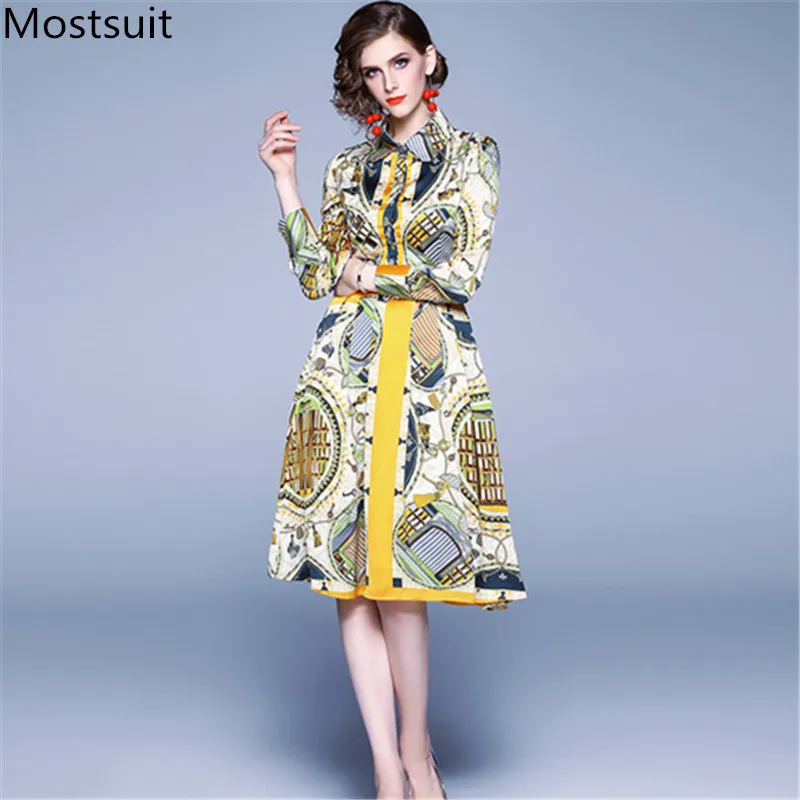 

Runway Fashion Designer Printed Shirt Dress Women Long Sleeve Turn-down Collar Midi-length Pleated A-line Dresses Vestidos Mujer