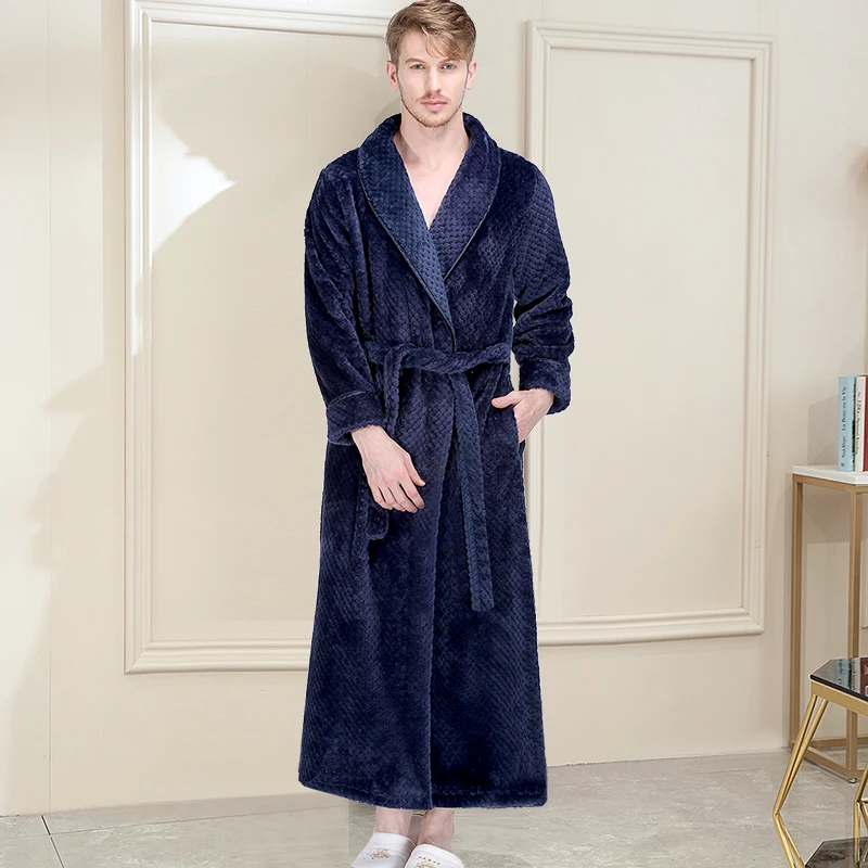Для мужчин размера плюс удлиненный теплый фланелевый Халат кимоно Плед Коралловый Флис банный халат темно-синий ночной халат Женская одежда для сна