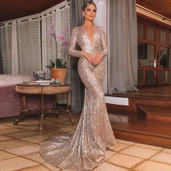 Silver Mermaid Evening Dresses Long Luxury 2022 Party Gowns Deep V Neck Full Sleeve Sequined Dress Robe De Soirée Femme Ladies、